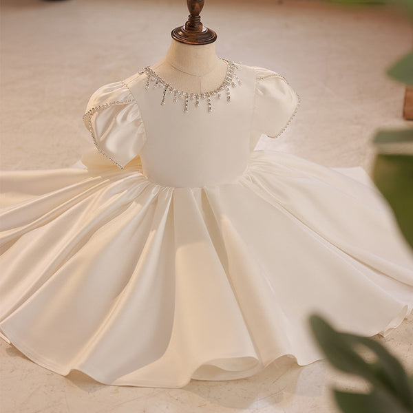 Elegant Baby Girl White Satin Flower Girl Dress Toddler First Birthday Dress