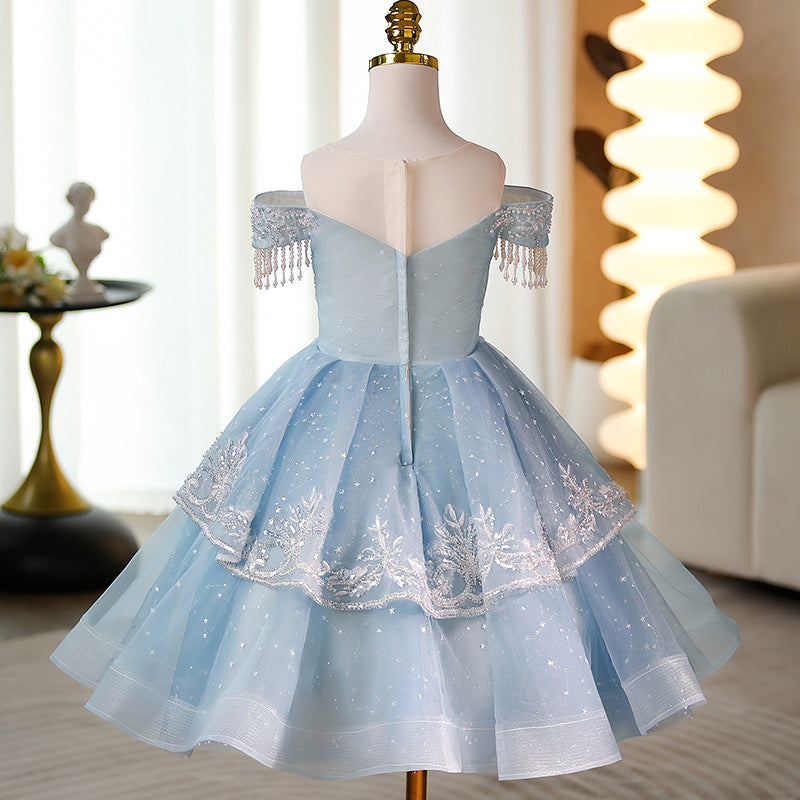 Cute Baby Girl Puffy Blue Sequins Dress Toddler Birthday Party Princess Dress