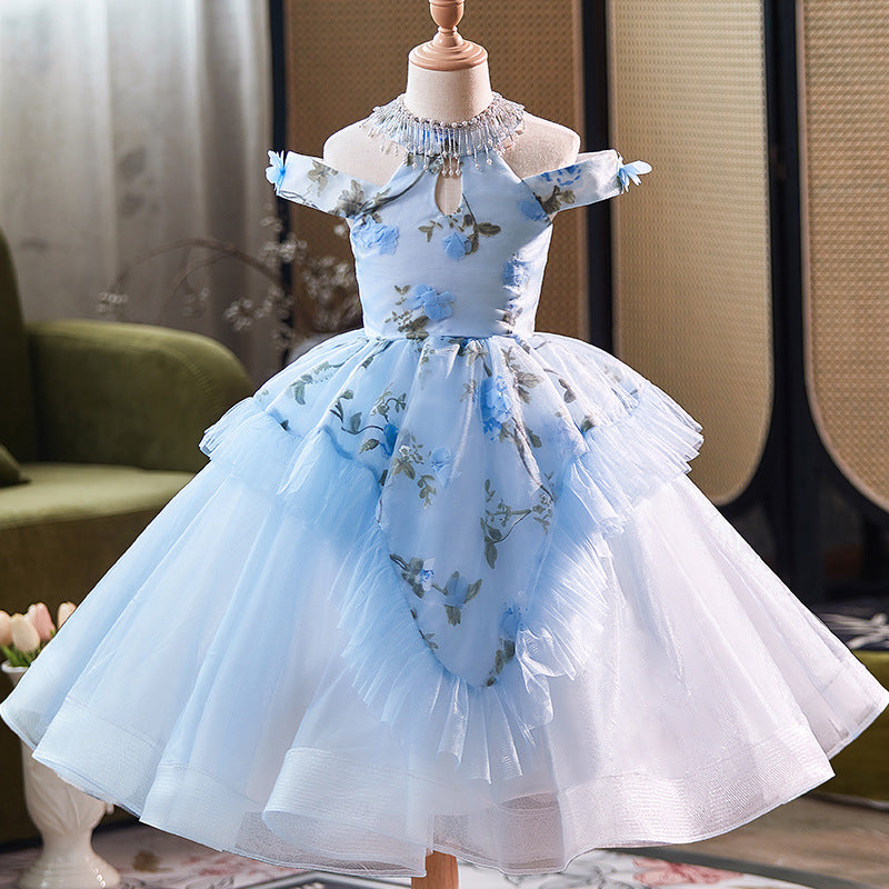 Blue Princess Dress with Flower Embroidery Birthday Dress