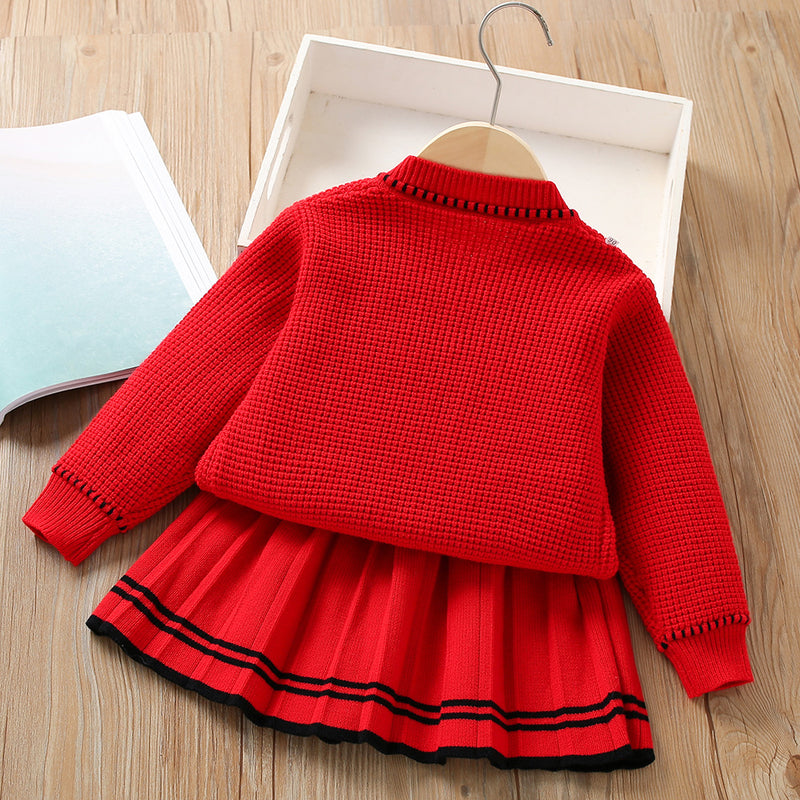 Girls Knitted Long-sleeved Bow Sweater Two-piece Set