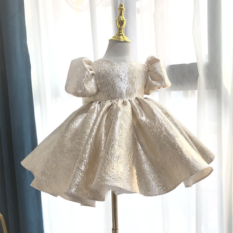 Elegant Baby Girl Satin Puff Sleeve Bow Birthday Princess Dress Show Dress