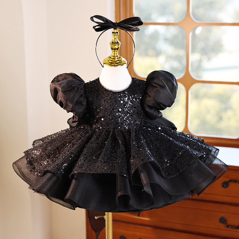 Children's Black Birthday Dress Girls Puff Sleeve Princess Dress