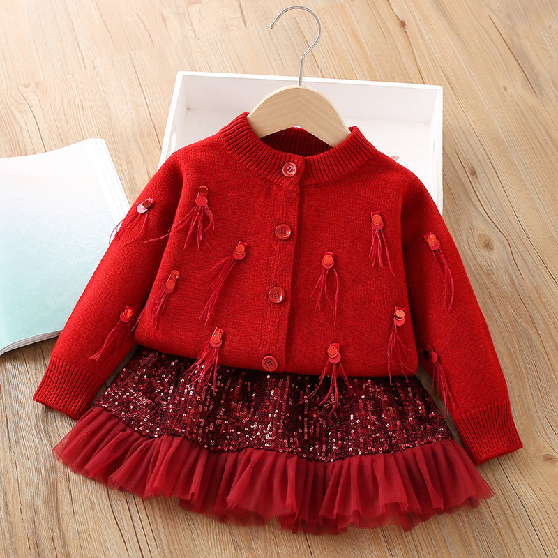 Knitted Cardigan Sequined Skirt Girls Sweater Two-piece Set