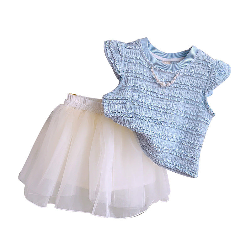 Cute Girl's Royal Blue Striped Sleeveless Top and White Tutu Skirt Two-piece Set