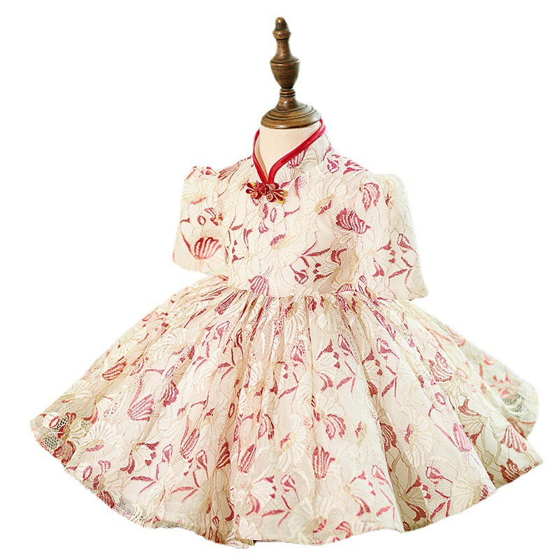 Cute Baby Girls Floral Disc Button Birthday Dress Toddler Evening Dress