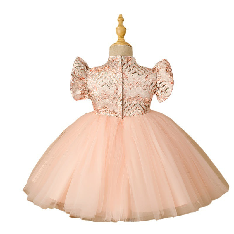 Cute Baby Girls Pink Stand-up Collar Pattern Dress Dress Toddler Birthday Princess Dress