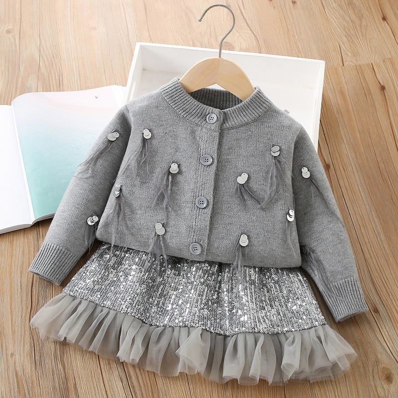 Knitted Cardigan Sequined Skirt Girls Sweater Two-piece Set