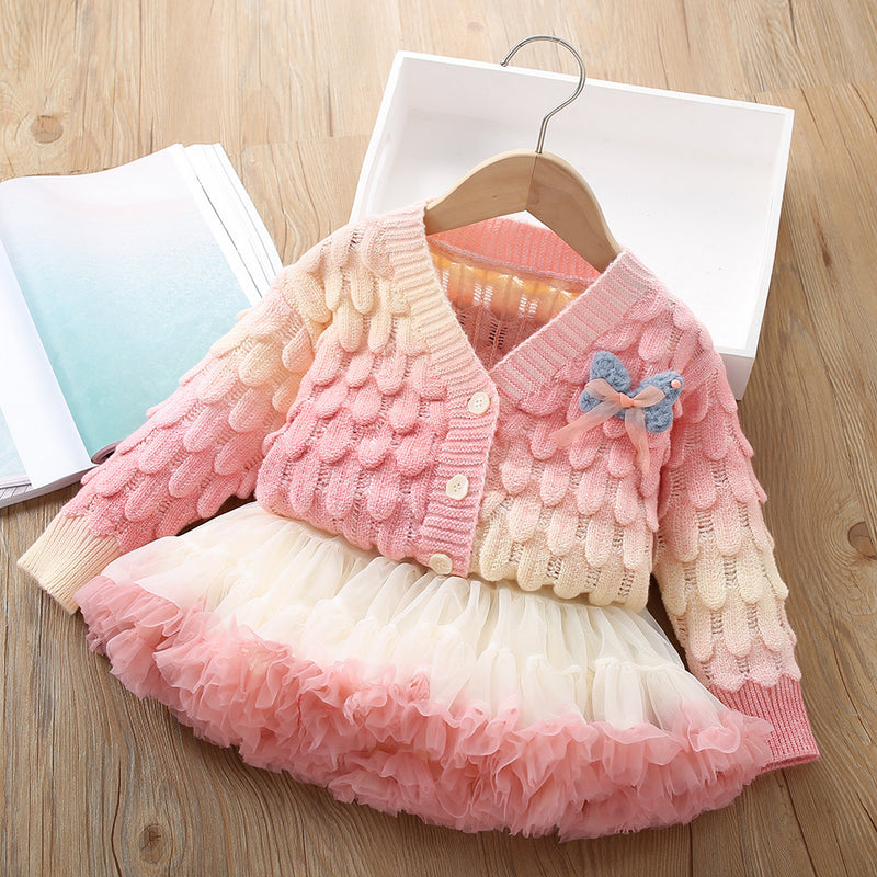 Cute Winter Girls Sweater Set Cardigan Tutu Skirt Two-piece Set