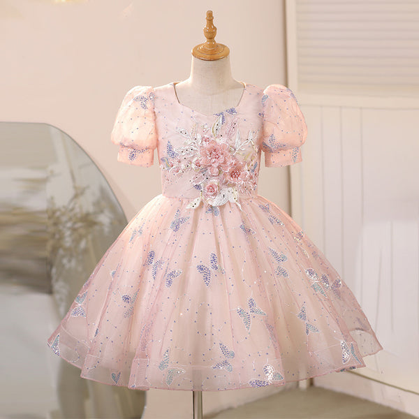 Girls Butterfly Embroidery Princess Dress with Flowers Birthday Dress