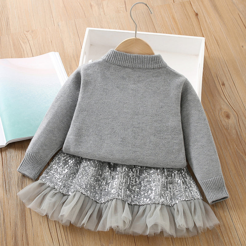 Knitted Cardigan Sequined Skirt Girls Sweater Two-piece Set