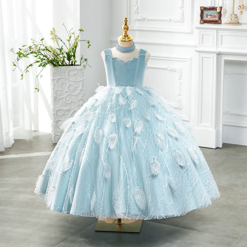 Girls Birthday Dress Children Blue Ball Princess Dress