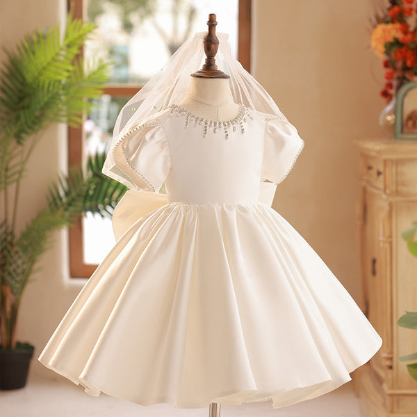 Elegant Baby Girl White Satin Flower Girl Dress Toddler First Birthday Dress