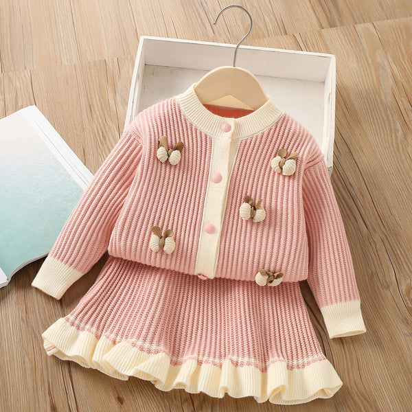 Girls Sweater Set Solid Color Knitted Two Piece Set