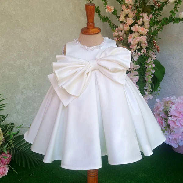 Baby Birthday White Satin Dress Girl Bow Puffy Princess Dress