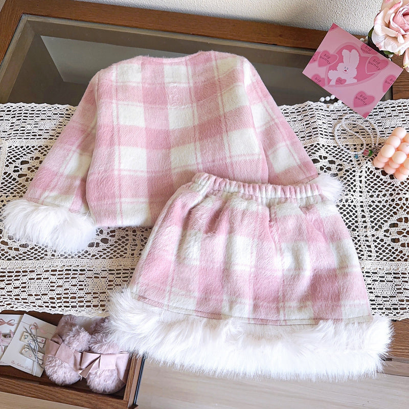 Girls Winter Plaid Fur Edge Coat Skirt Two-piece Set