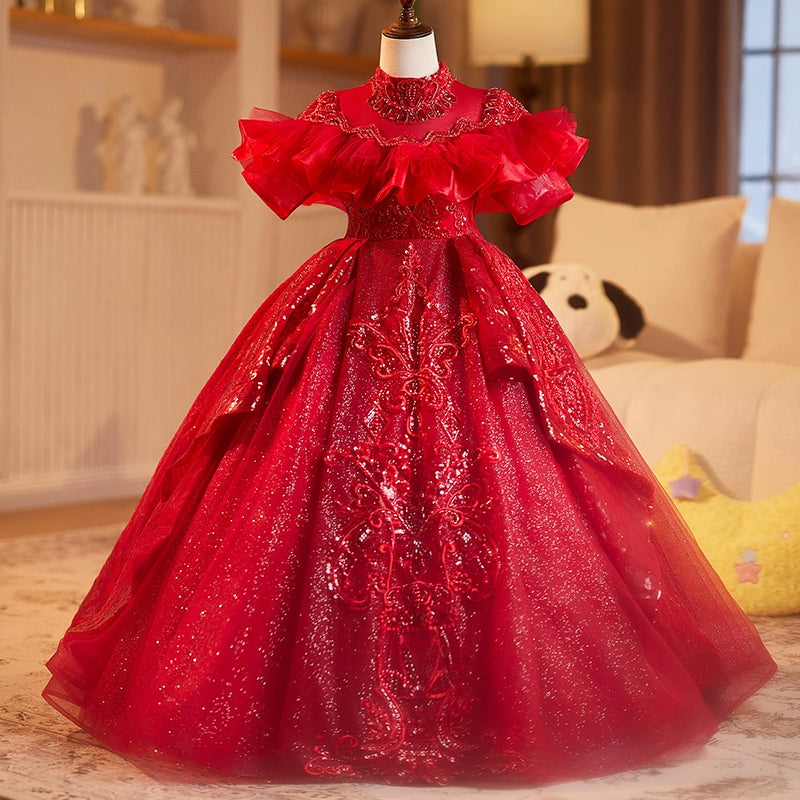 Red Girls Dress Children's Wedding Dress Puffy Princess Dress