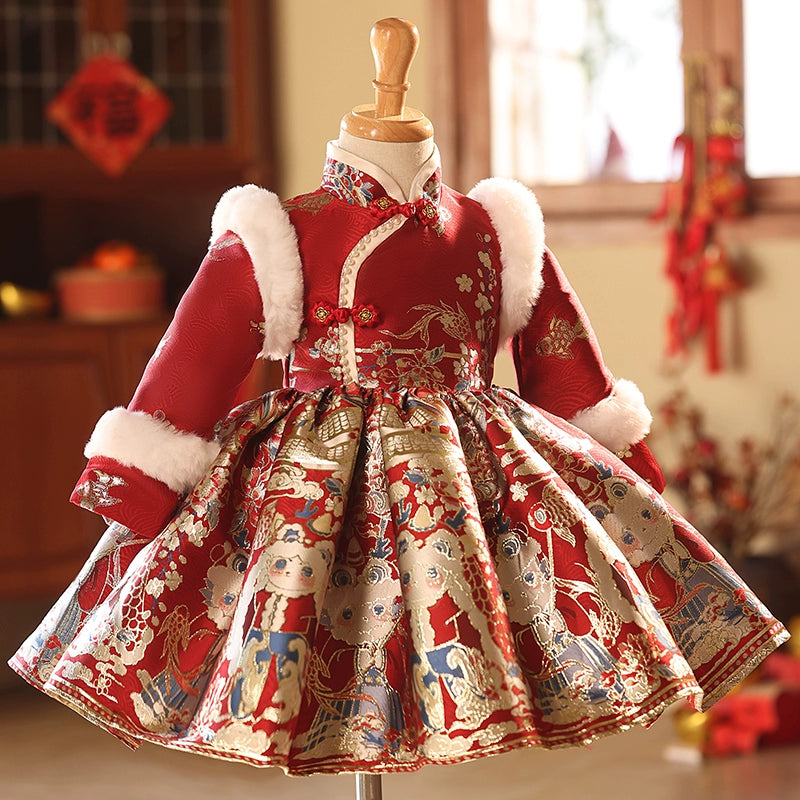 Children's Red New Year Christmas Dress Girls Birthday Party Princess Dress