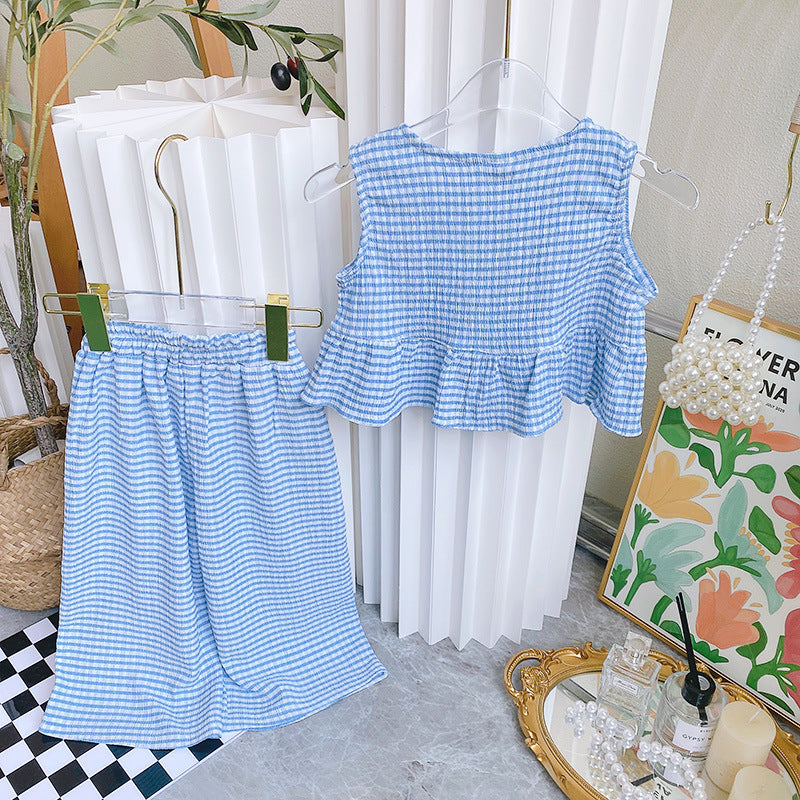Sweet Girls Blue Plaid Camisole Trousers Two-piece Set
