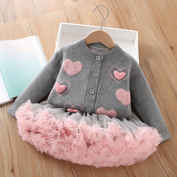 Lovely Girls Sweater Set Cardigan Tutu Skirt Two-piece Set