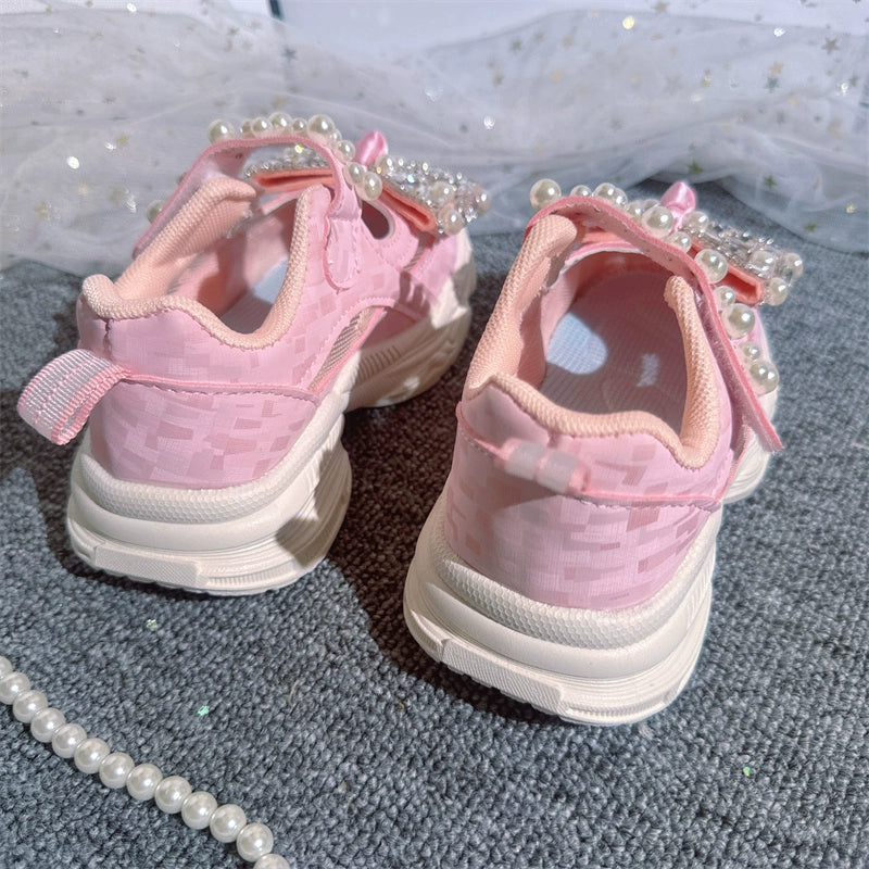 Girls Mesh Hollow Sneakers Pearl Bow Pink Shoes