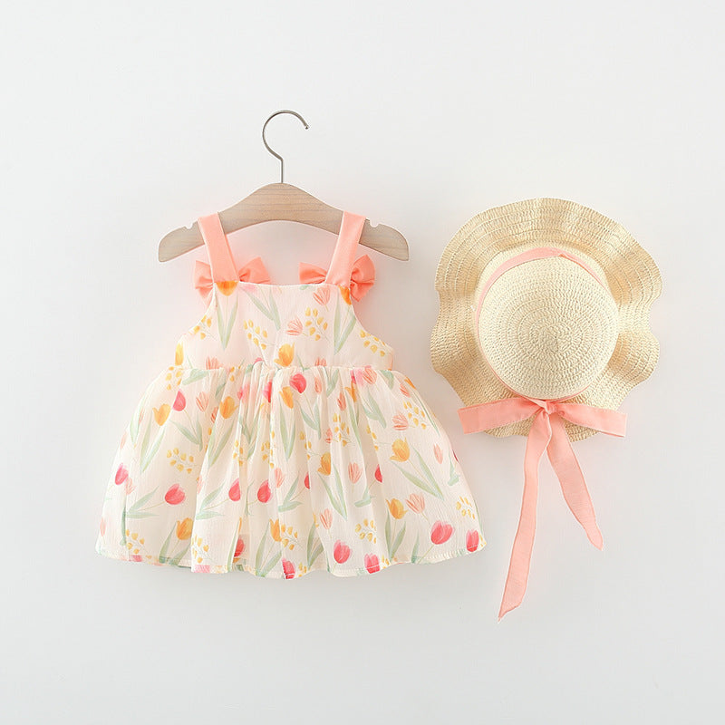 Flower Print Bow Double Layer Princess Dress