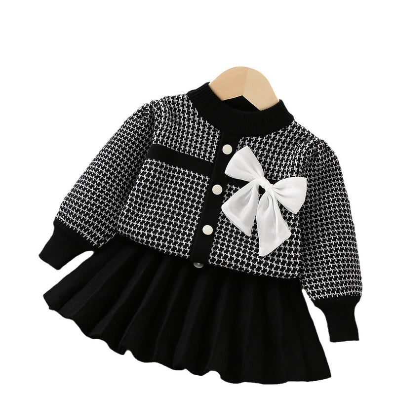 Bow Knitted Long Sleeve Princess Sweater Two-piece Set