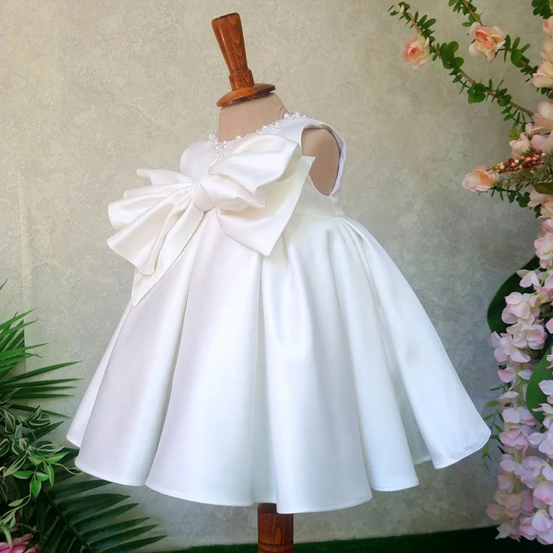 Baby Birthday White Satin Dress Girl Bow Puffy Princess Dress