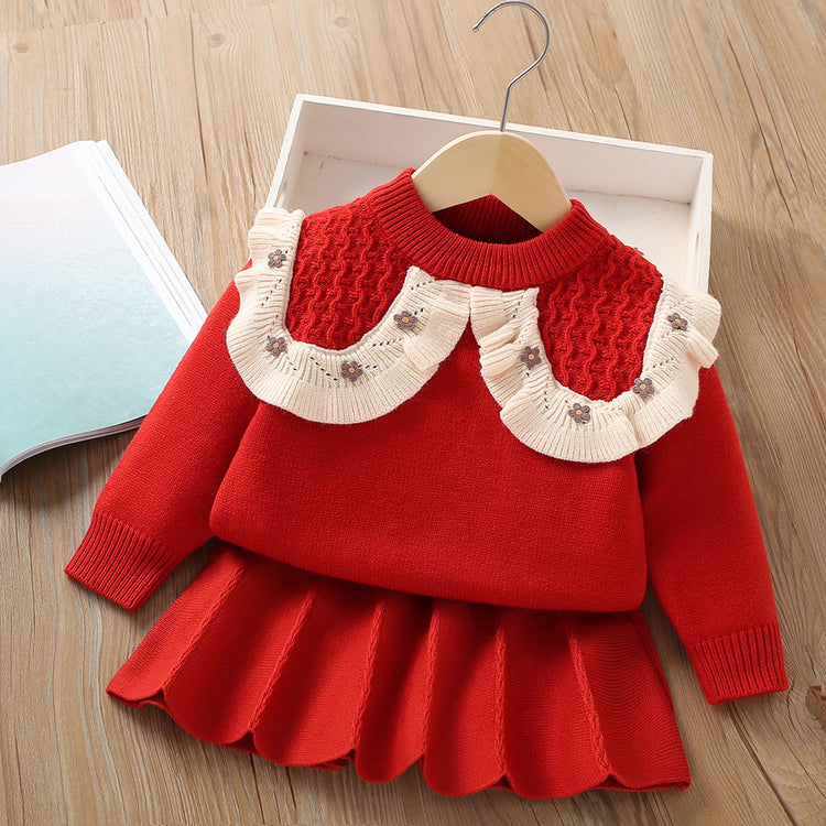 Fake Collar Flower Knitted Girls Sweater Two Piece Set