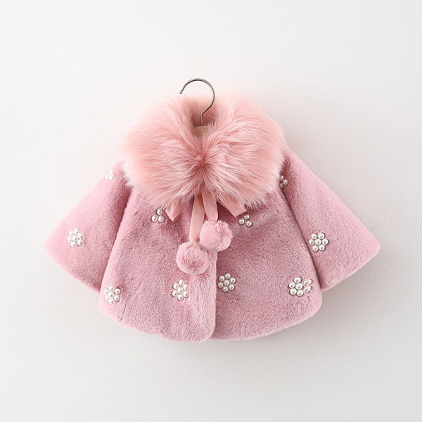 Girls Fur Collar Pearl Flower Fur Sweater Coat