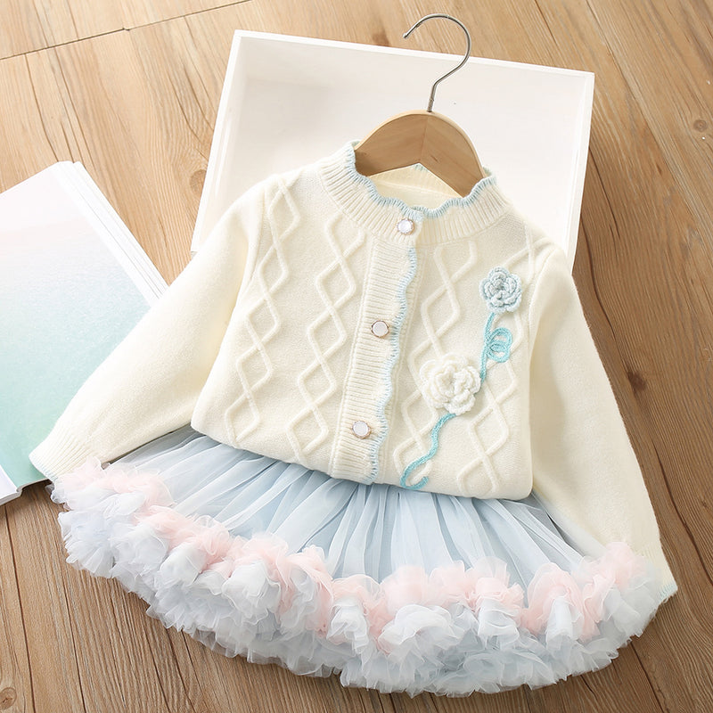 Cute Girls Sweater Set Cardigan Tutu Skirt Two-piece Set