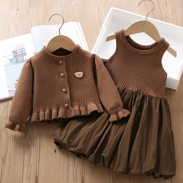 Knitted Vest Dress Cardigan Girls Sweater Two Piece Set