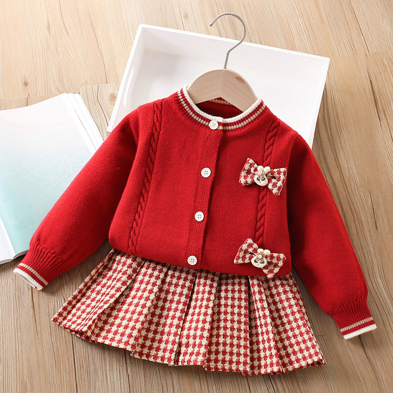 Girls Knitted Cardigan Plaid Skirt Sweater Two-piece Set