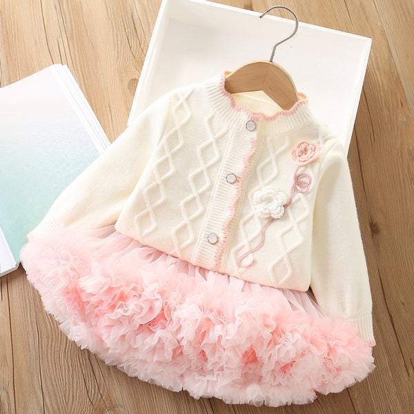 Cute Girls Sweater Set Cardigan Tutu Skirt Two-piece Set