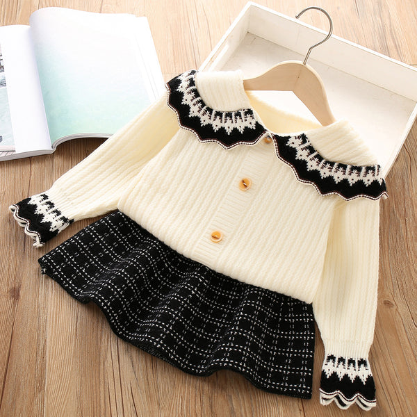 Lapel Knitted Cardigan Girls Sweater Two Piece Set