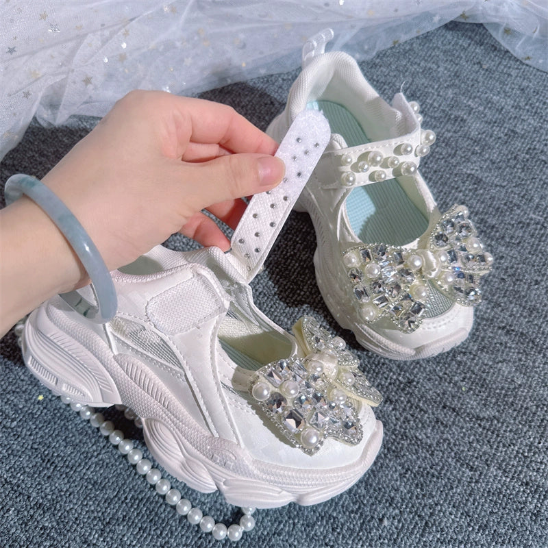 Girls Mesh Hollow Sneakers Pearl Bow Pink Shoes