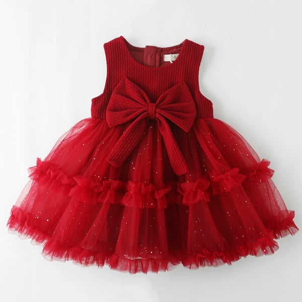 Girls Red Bow Vest Dress Baby Birthday Princess Dress