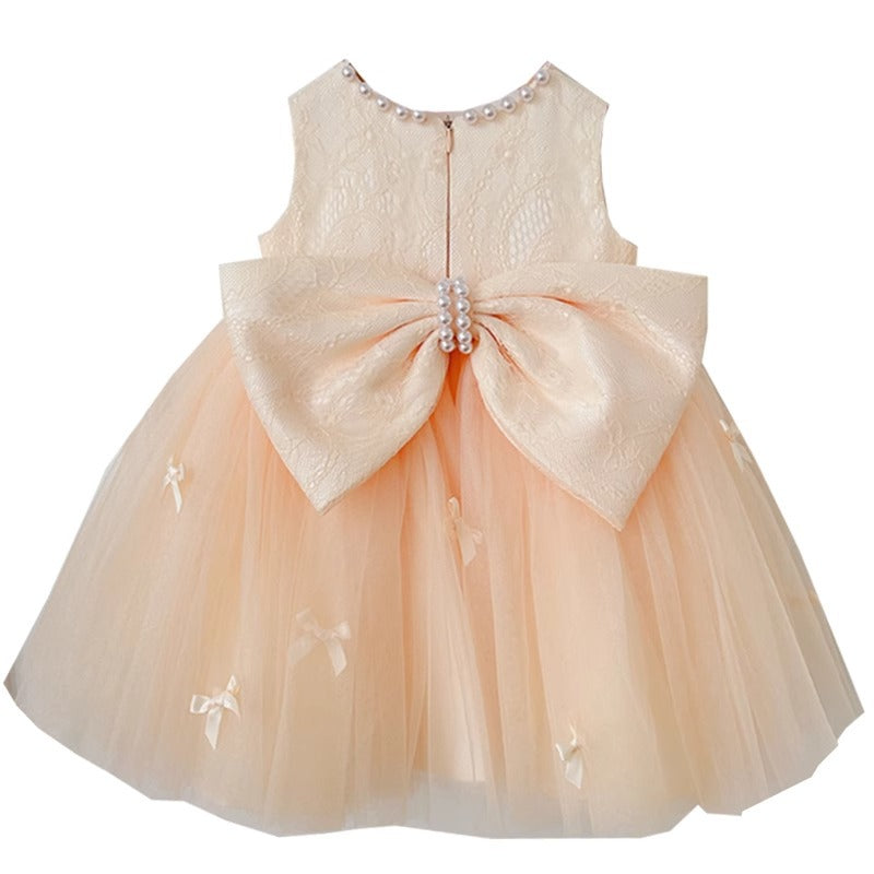 Cute Baby Champagne Bow Fluffy Gauze Dress Toddler Birthday Party Dress