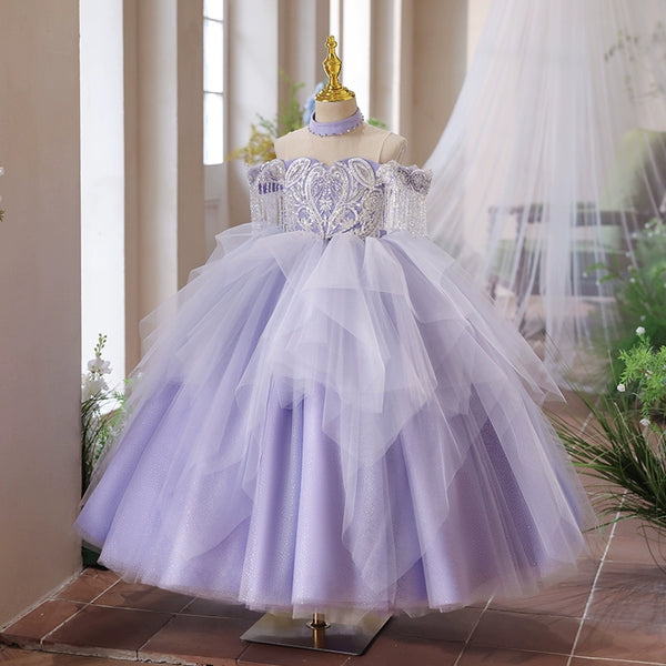 Purple Girl Formal Dresses Children Baptism Princess Dress