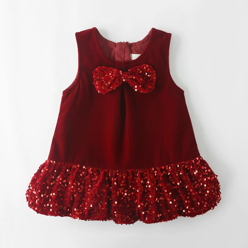 Baby Red Sequin Bow Dress Children's Velvet Vest Dress