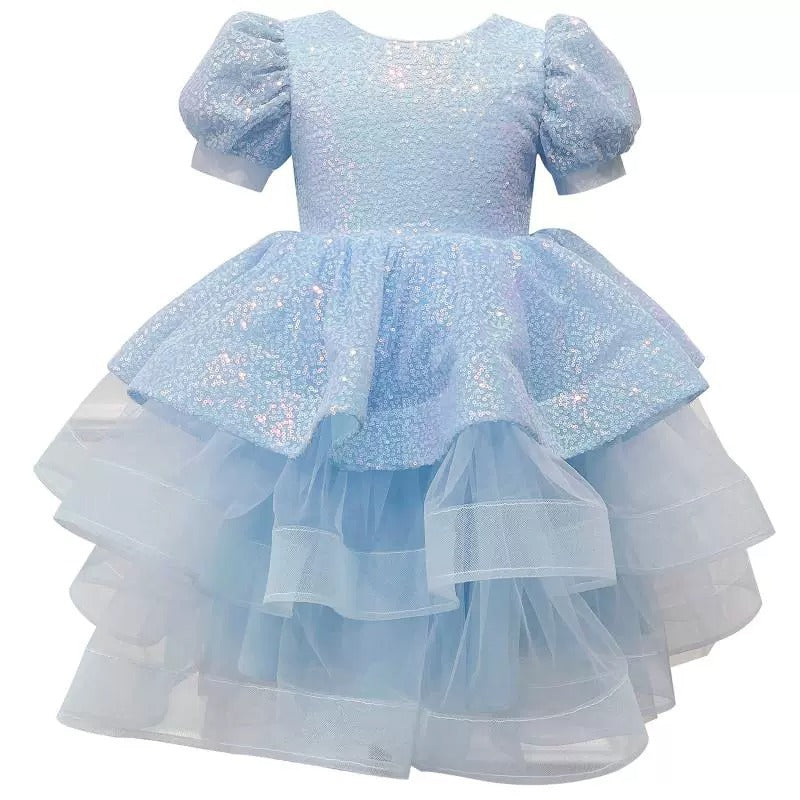 Blue Girls Birthday Sequin Dress Children's Puff Sleeve Party Princess Dress