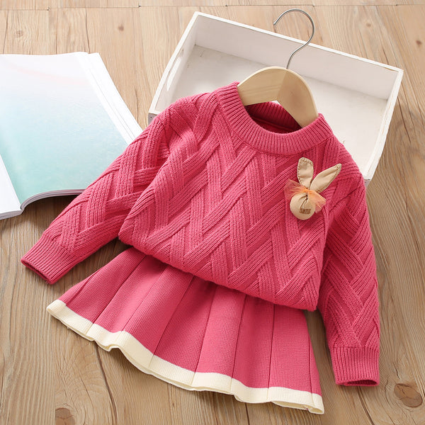 Solid Color Pullover Knitted Skirt Girls Sweater Two-piece Set