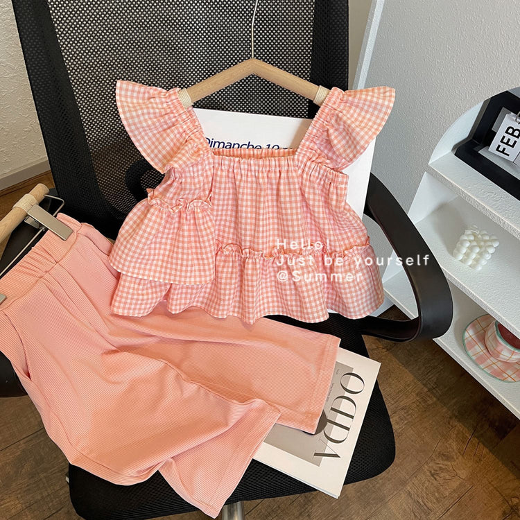 2024 New Girls Summer Suit Plaid Suspender Two-piece Set