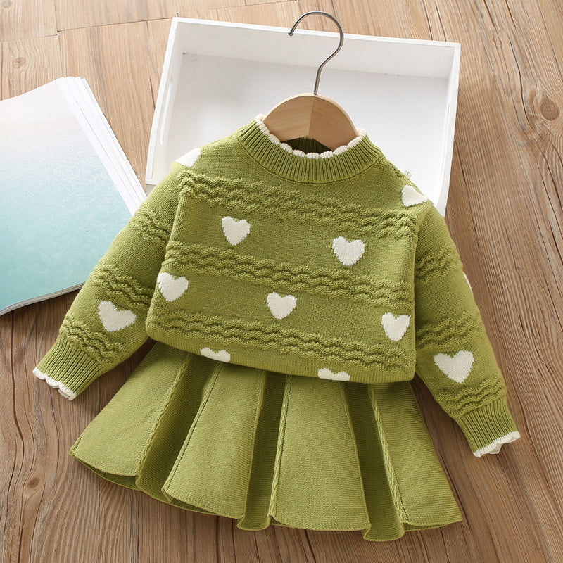 Baby Heart Knitted Girls Sweater Two-piece Set