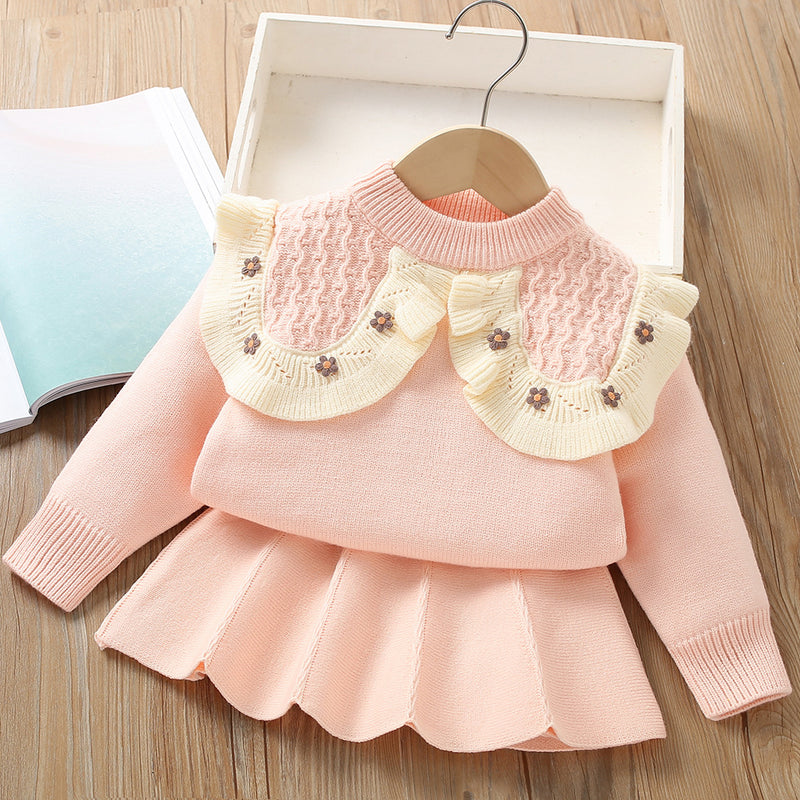 Fake Collar Flower Knitted Girls Sweater Two Piece Set