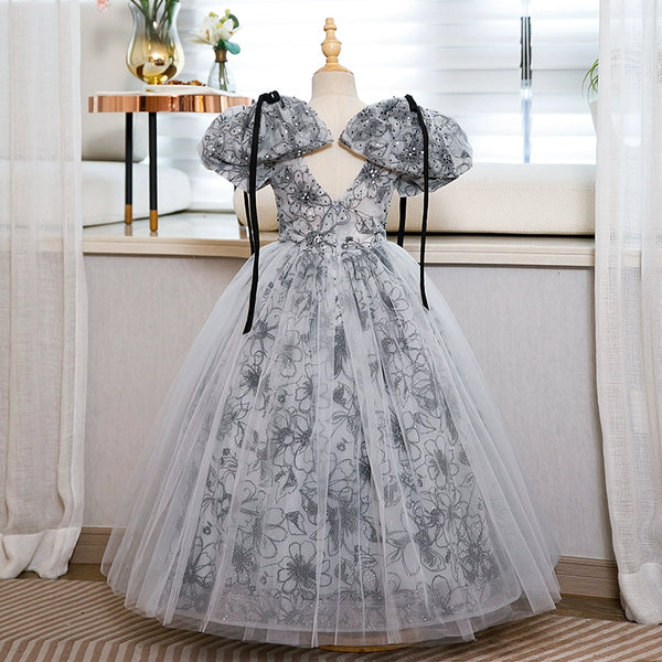Elegant Baby Girls Puff Sleeve Floral Evening Dress Toddler Ball Gowns