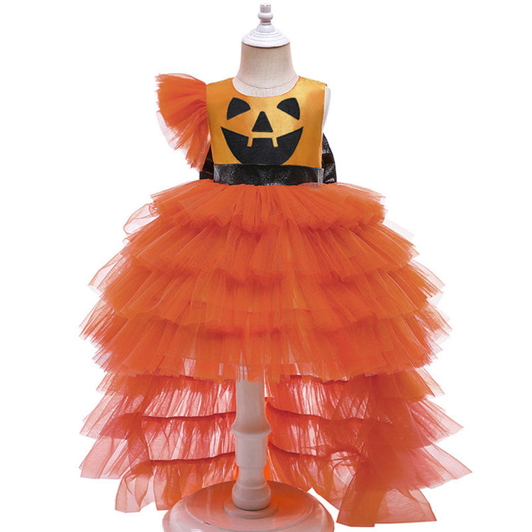 Halloween Girls Dresses Pumpkin Cake Trailing Dresses