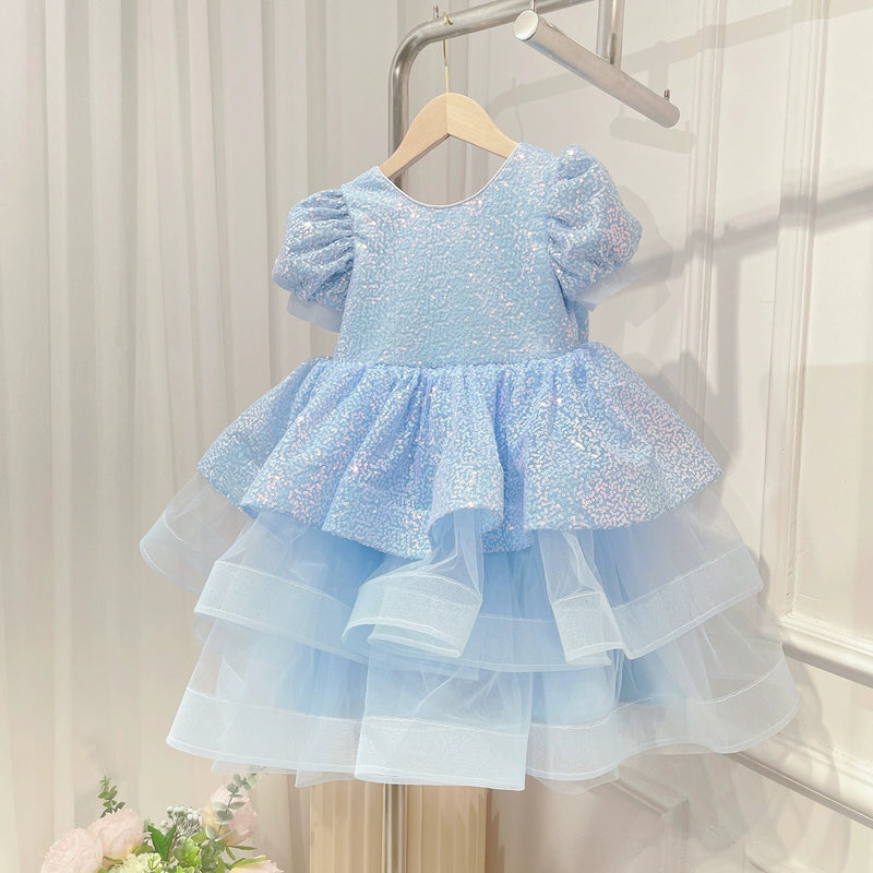 Blue Girls Birthday Sequin Dress Children's Puff Sleeve Party Princess Dress