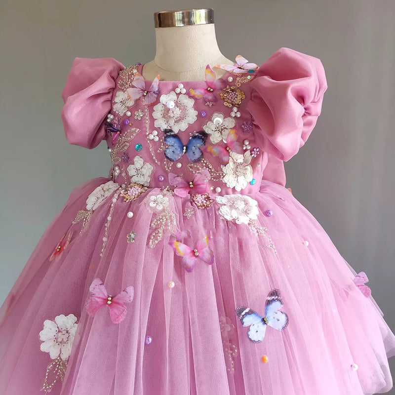 Girls Birthday Puff Sleeve Dress Baby Pink Princess Dress