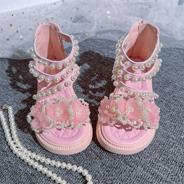 Summer Soft Bottom Princess Flower Pearl Sandals Beach Roman Shoes