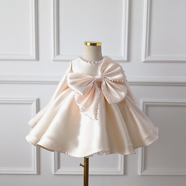 Cute Baby Girl Champagne Big Bow Dress Toddler Beauty Pageant Princess Dress
